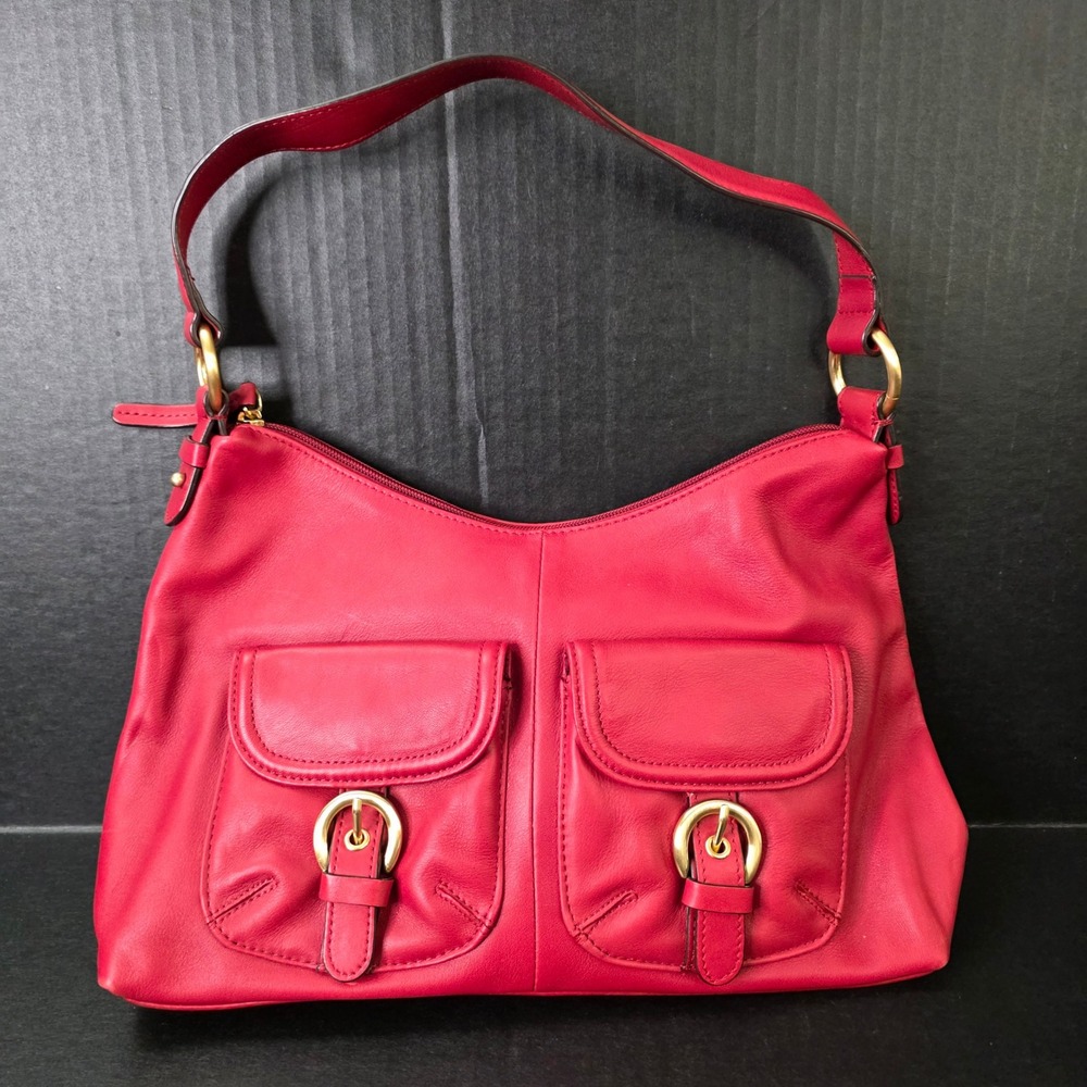 Giani Bernini‎ Red Leather Shoulder Bag Gold Buckle Pockets Handbag